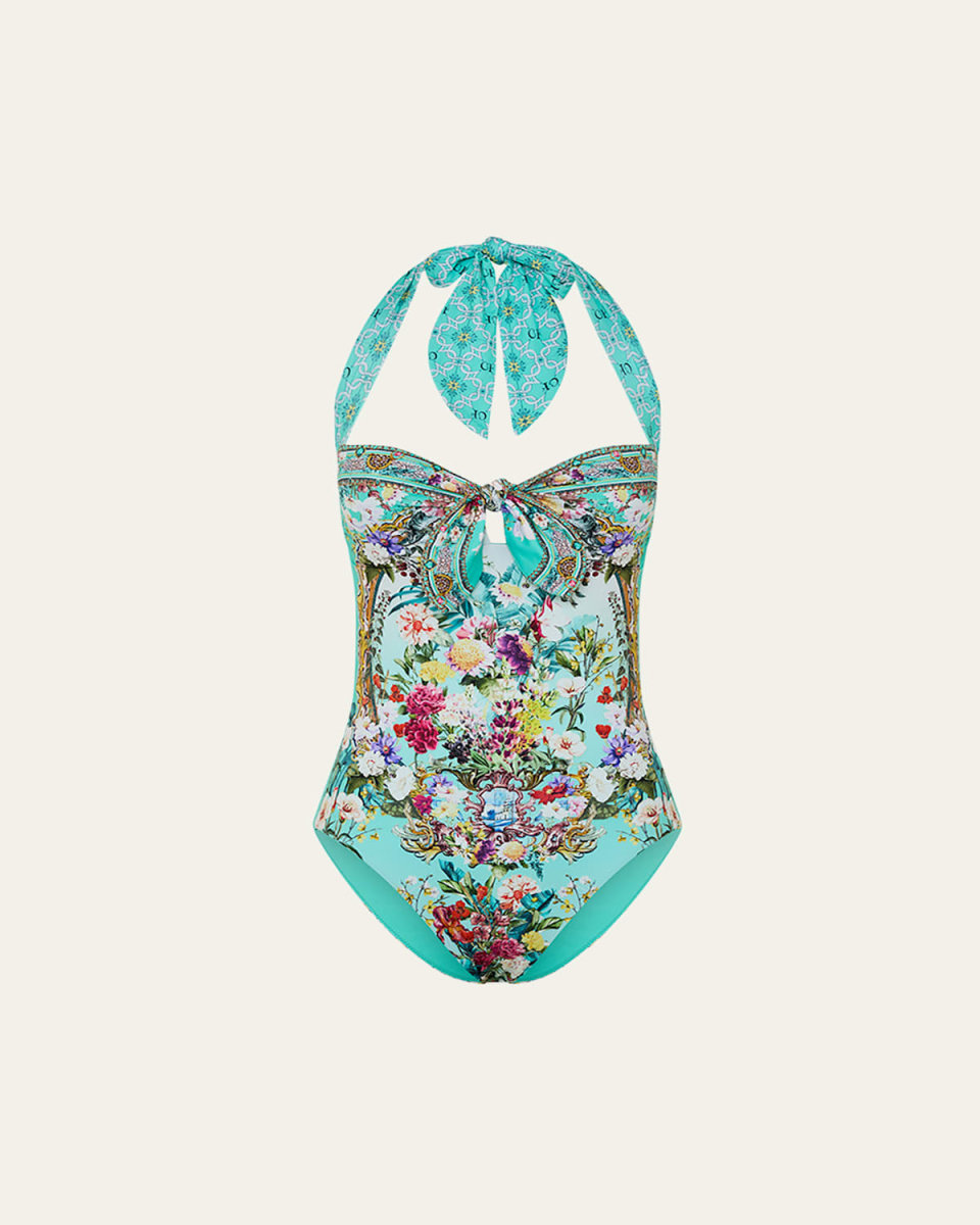 Gardens of Queluz Tie-Front Halter One-Piece Swimsuit